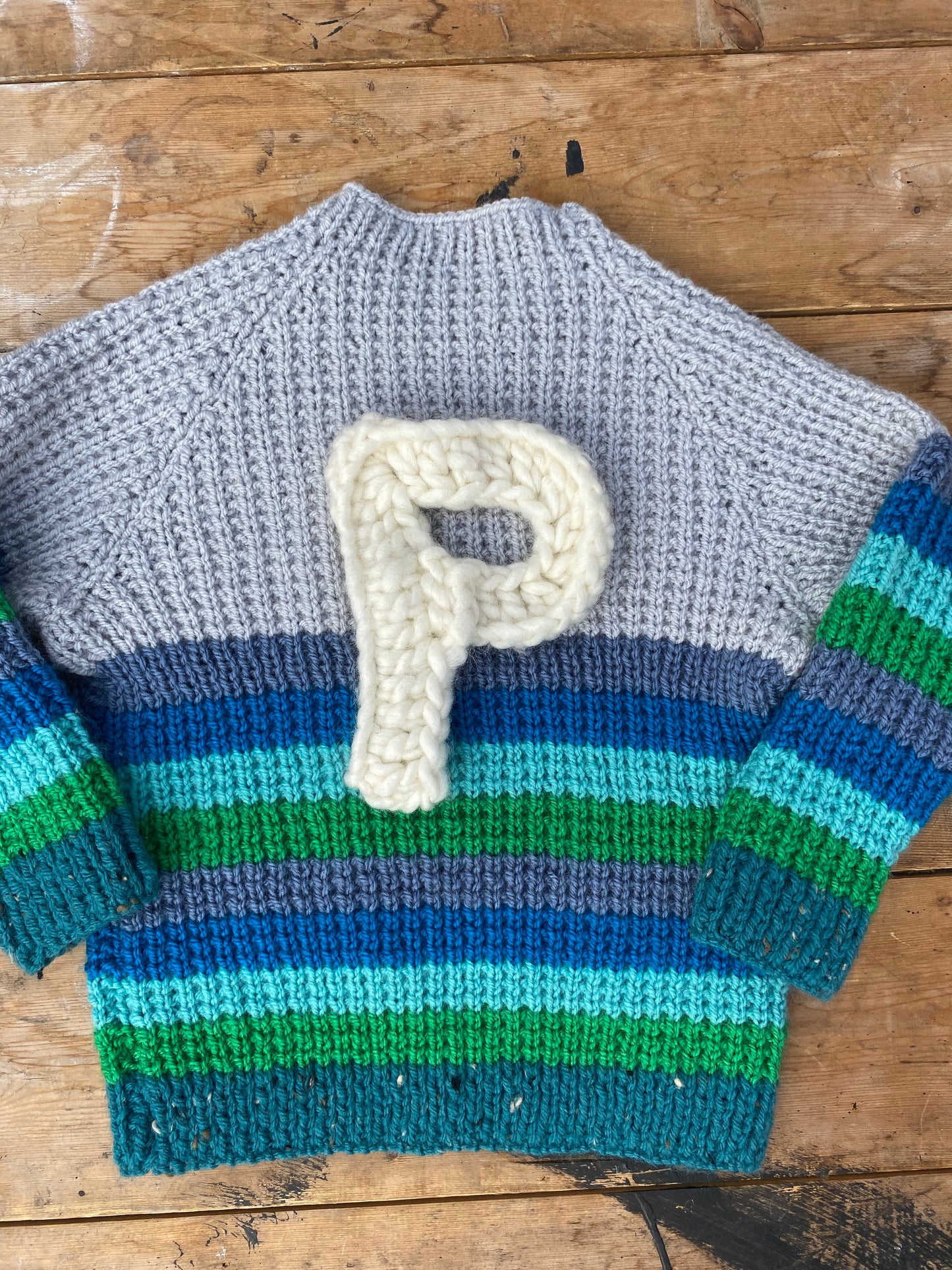 Grey, green and blue ribbed jumper (2-3 years)