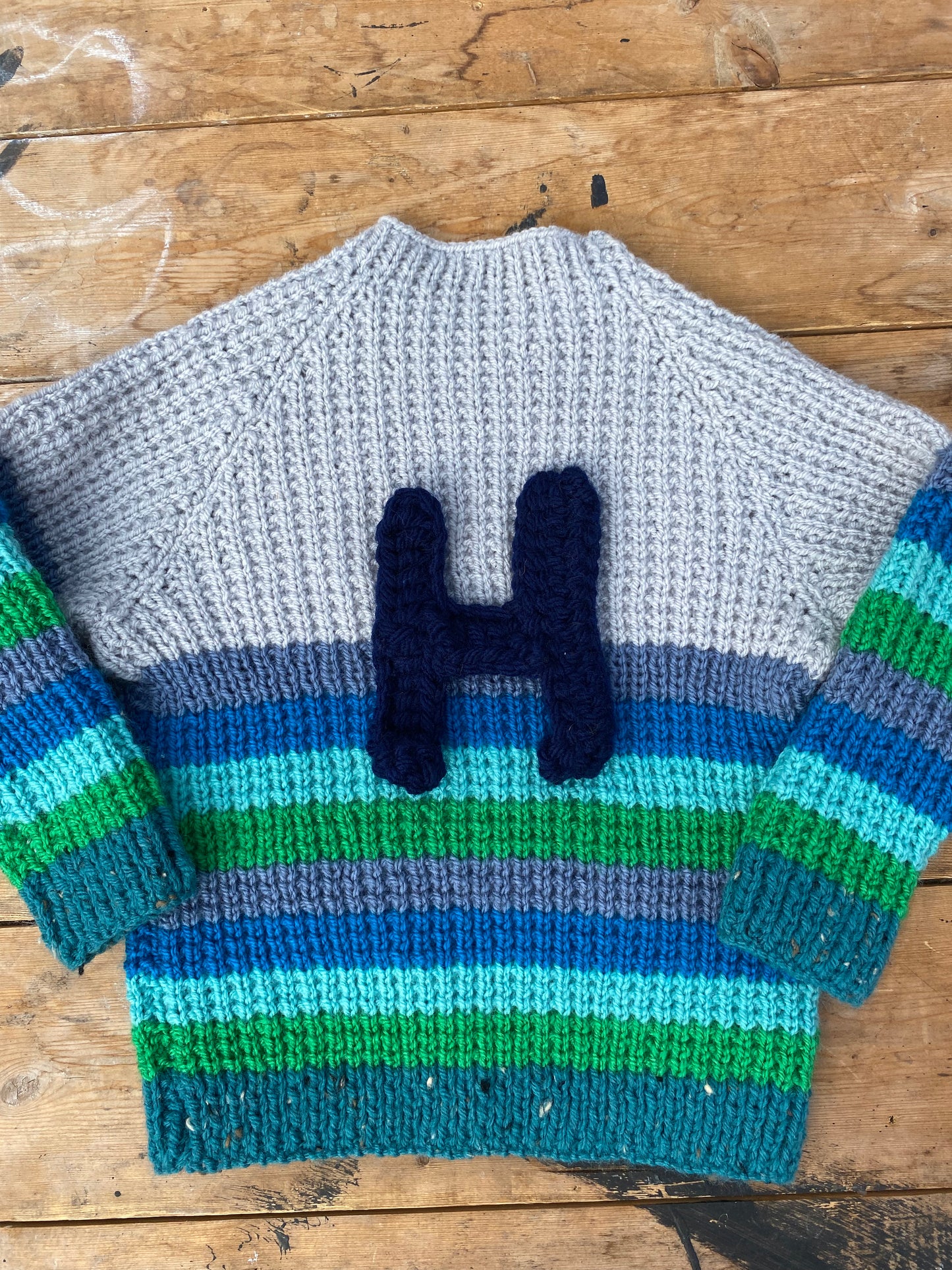 Grey, green and blue ribbed jumper (2-3 years)