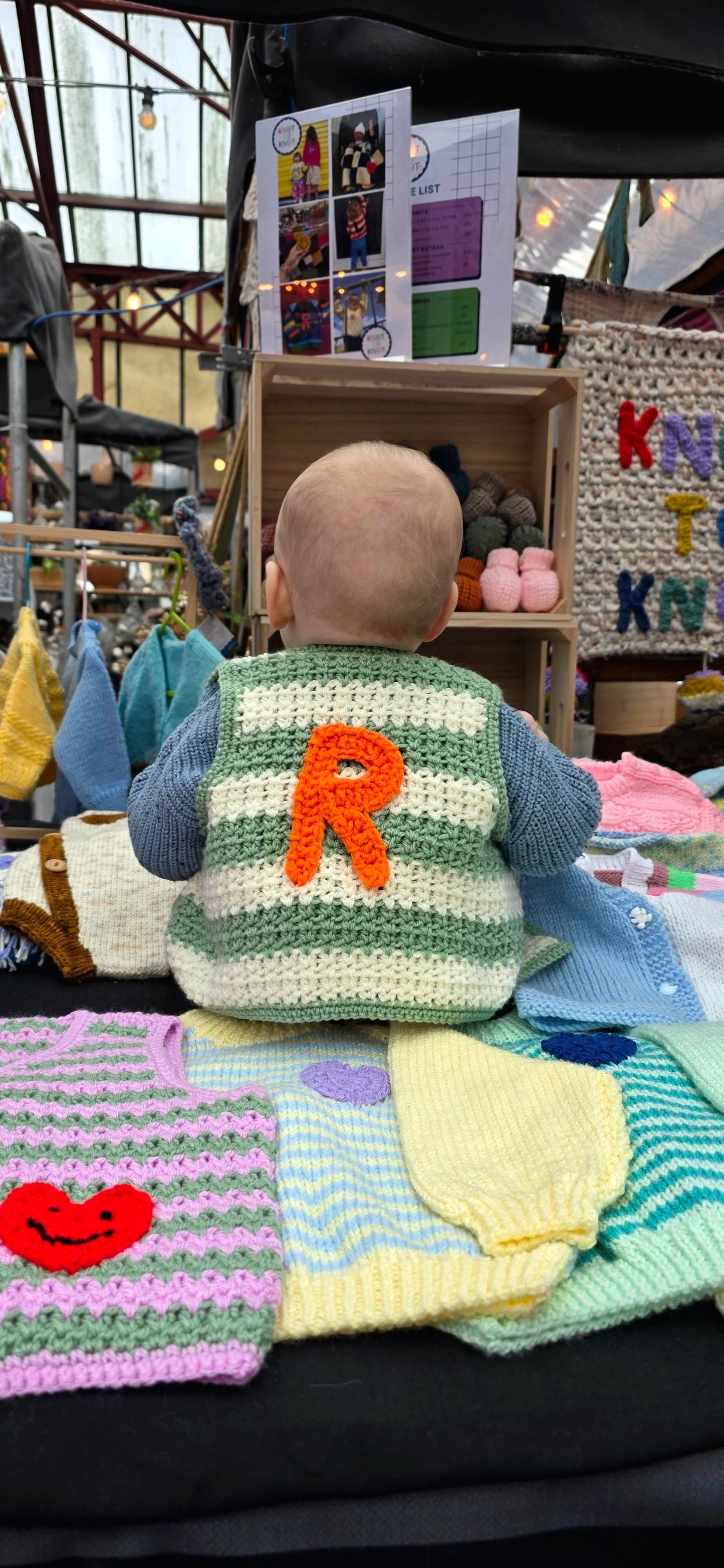 Sage green and cream stripe crochet waistcoat (6-12m)