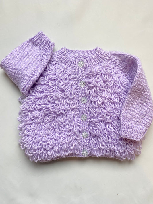 Amazing lilac loop stitch Cardigan (3-6 months)