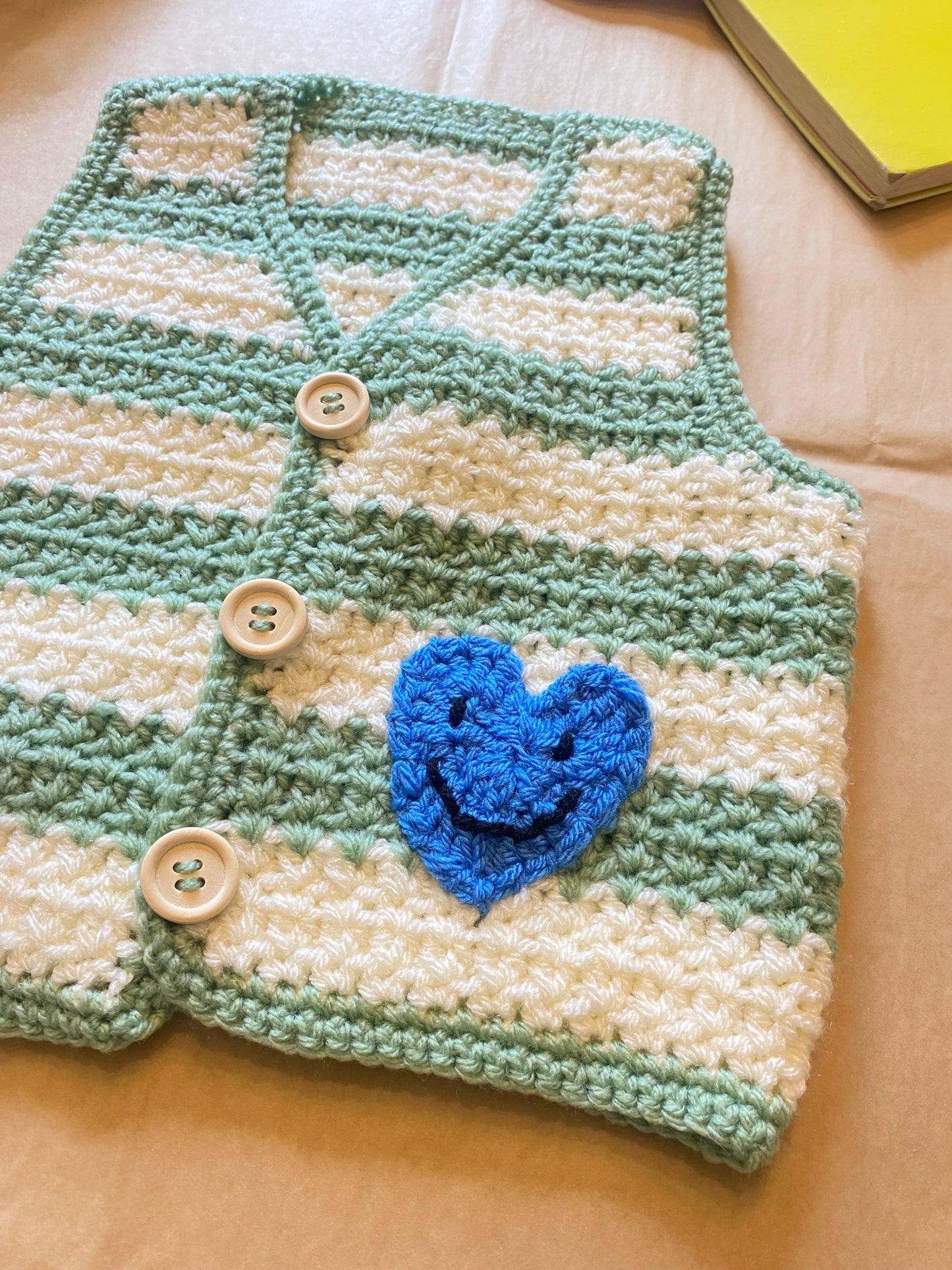 Sage green and cream stripe crochet waistcoat (6-12m)