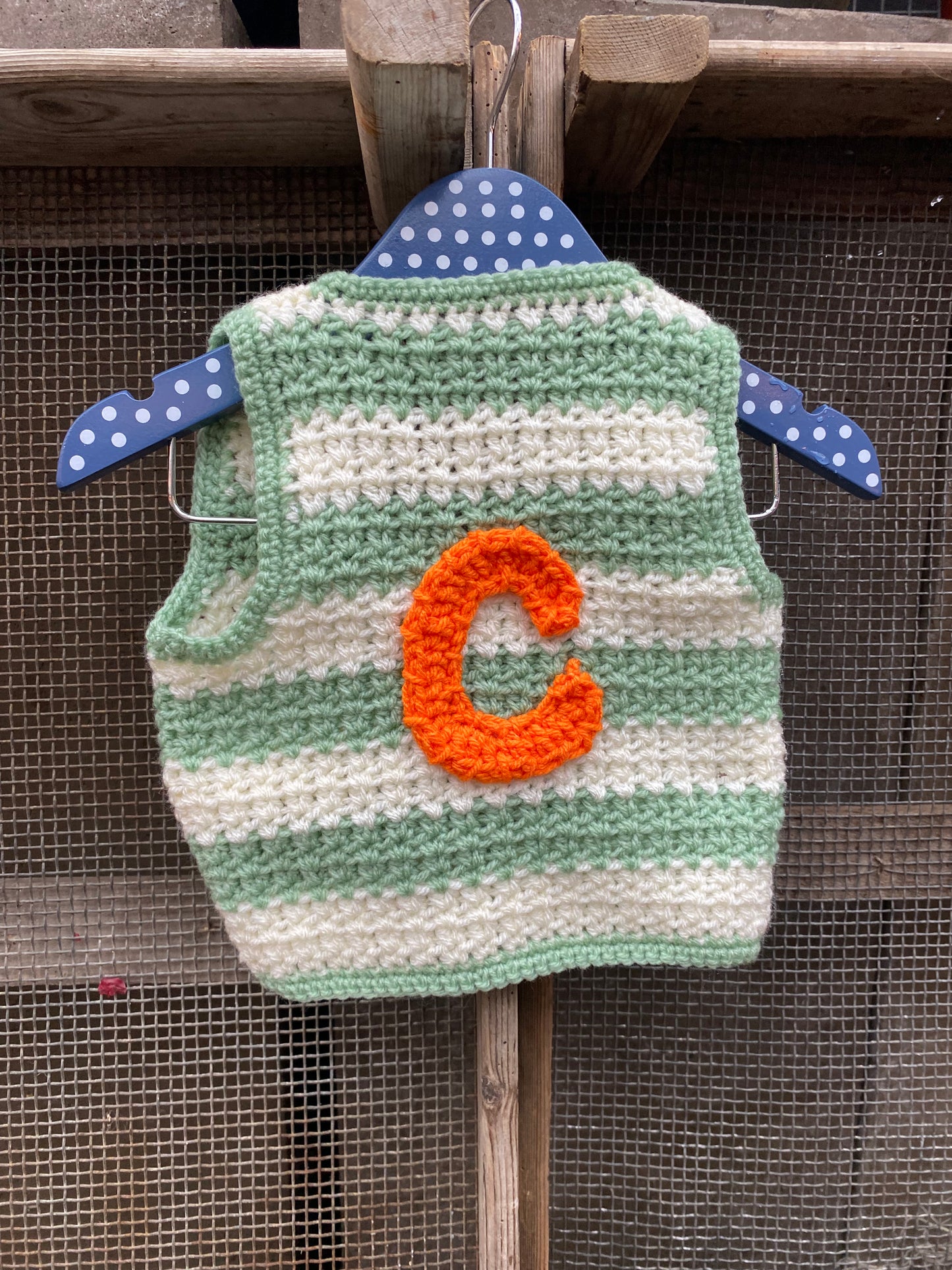 Sage green and cream stripe crochet waistcoat (6-12m)