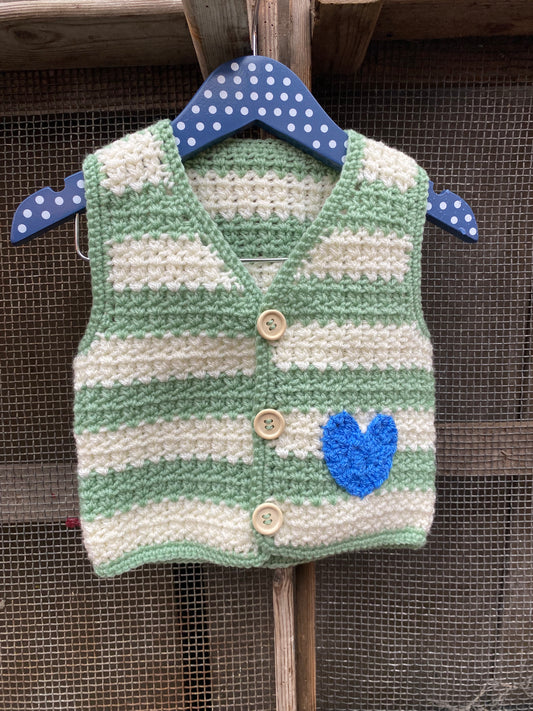 Sage green and cream stripe crochet waistcoat (1-2 years)