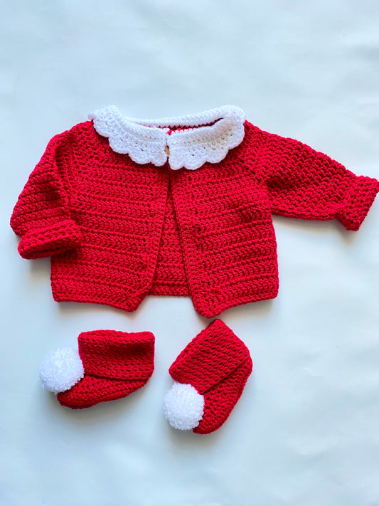 Red crochet Christmas cardigan and booties set (0-3 months)