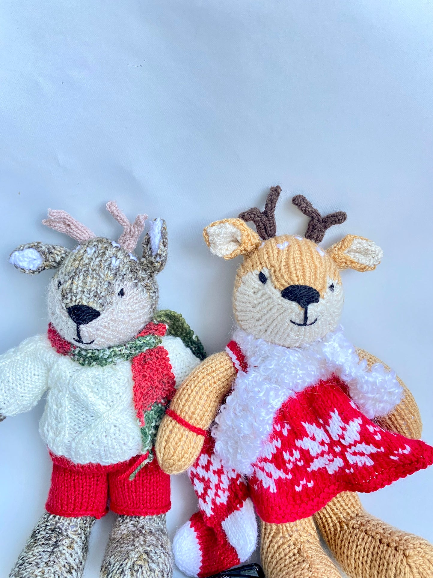 Hand knitted reindeer with fairisle dress and boucle scarf