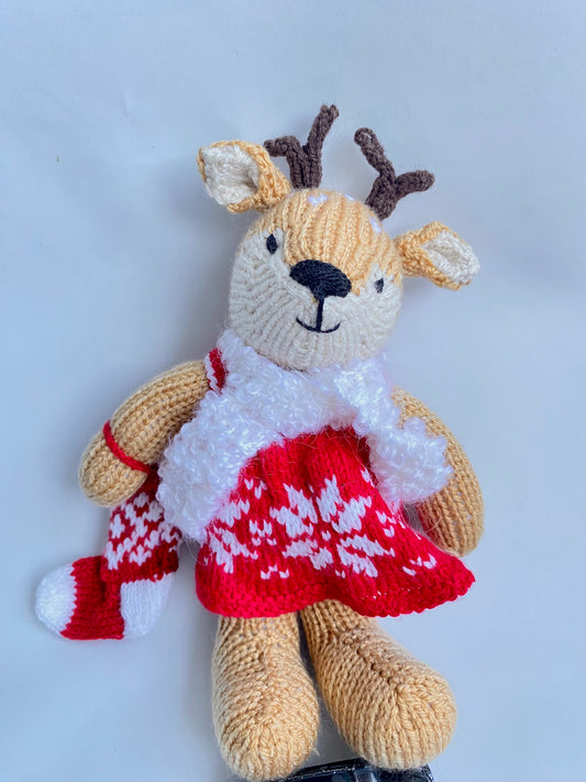 Hand knitted reindeer with fairisle dress and boucle scarf