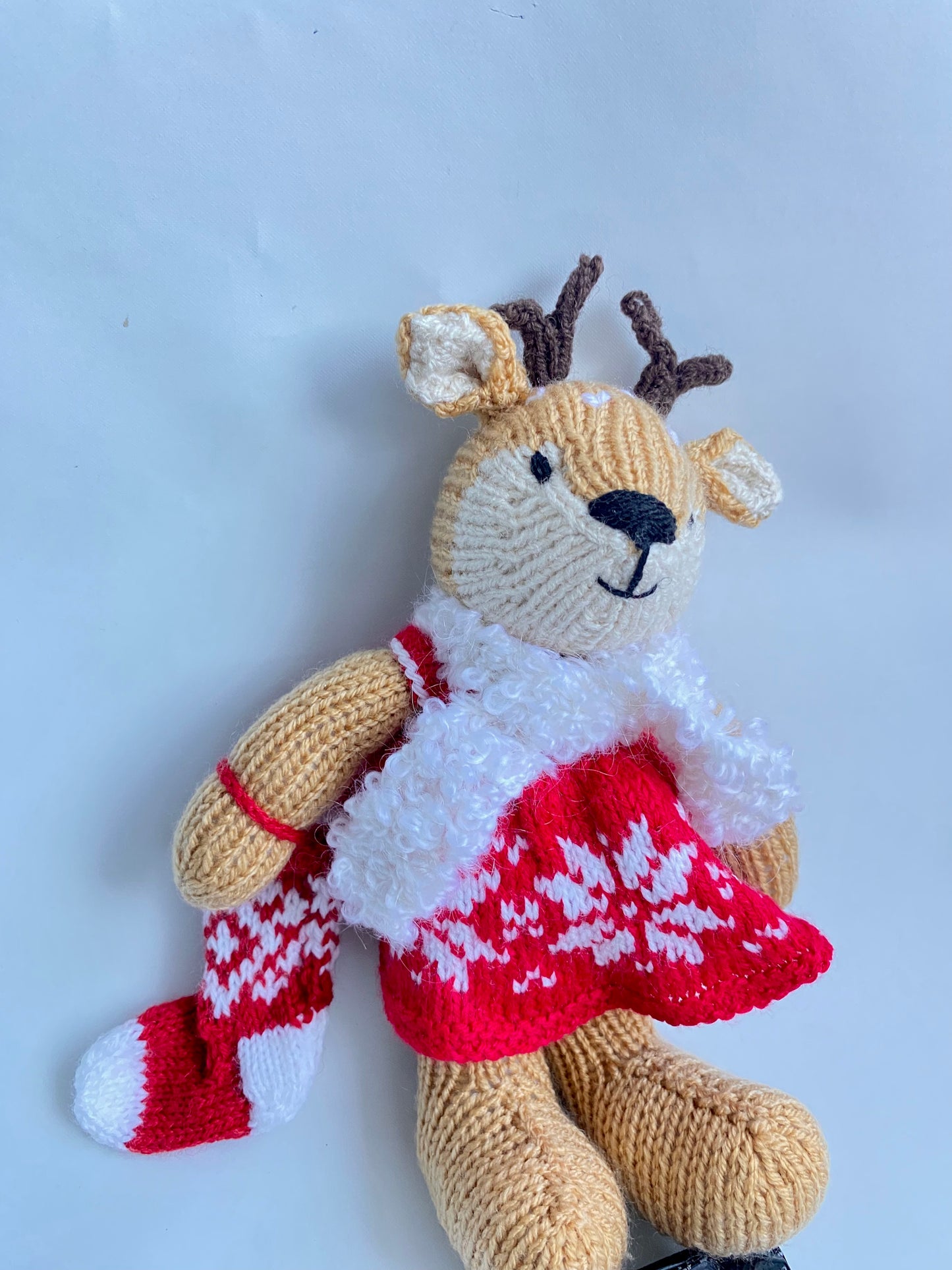 Hand knitted reindeer with fairisle dress and boucle scarf