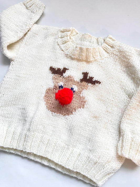 Cream reindeer pompom logo Jumper (6-12 months)