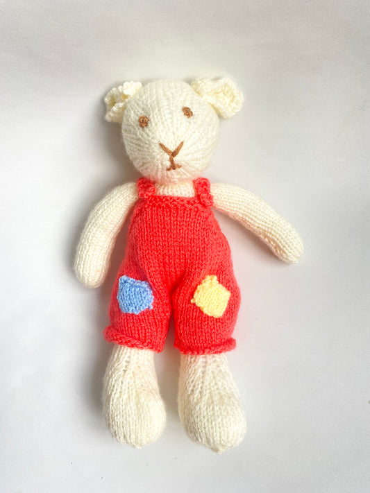 Hand knitted Mouse in coral pink dungarees