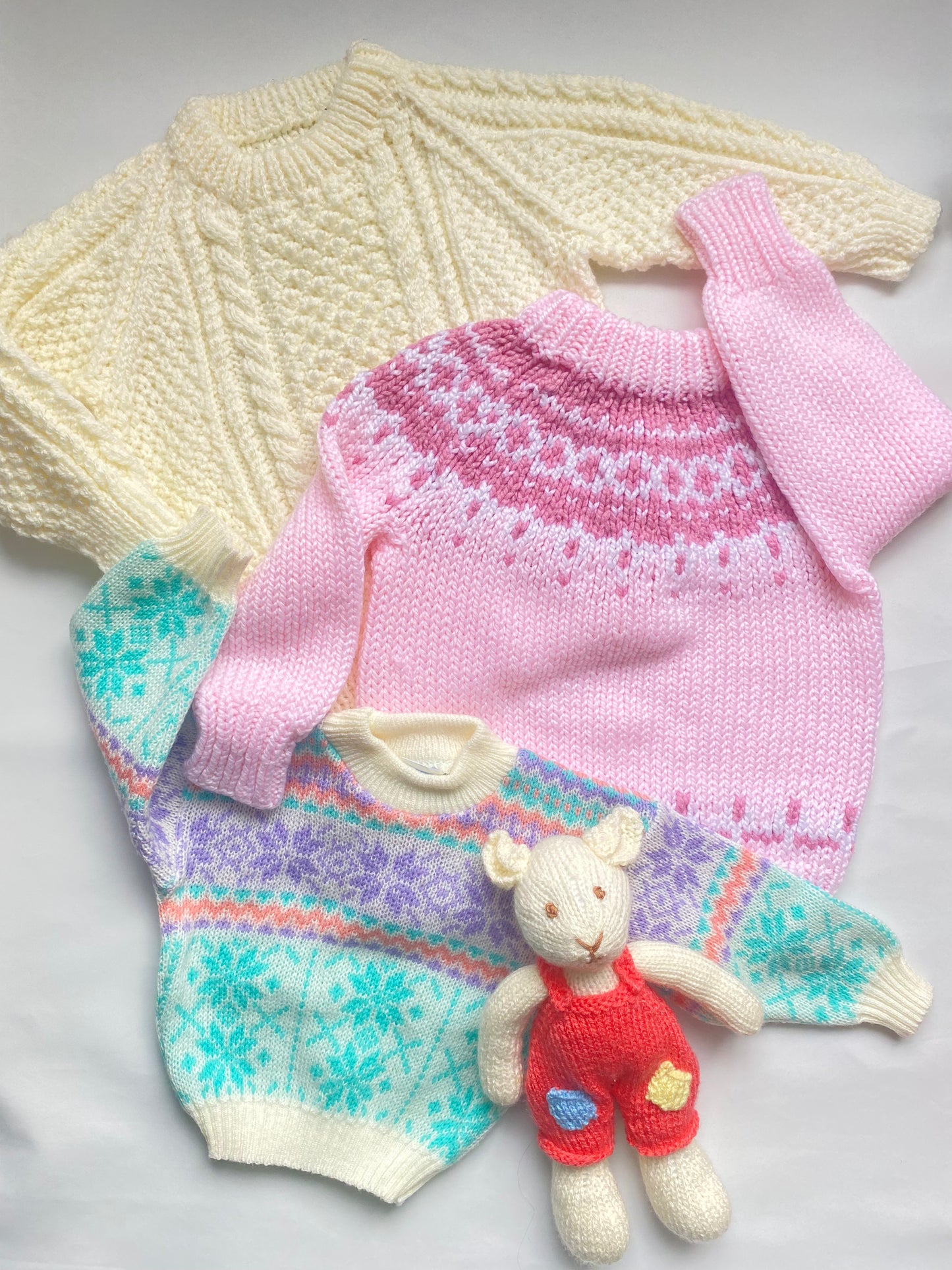 Hand knitted Mouse in coral pink dungarees