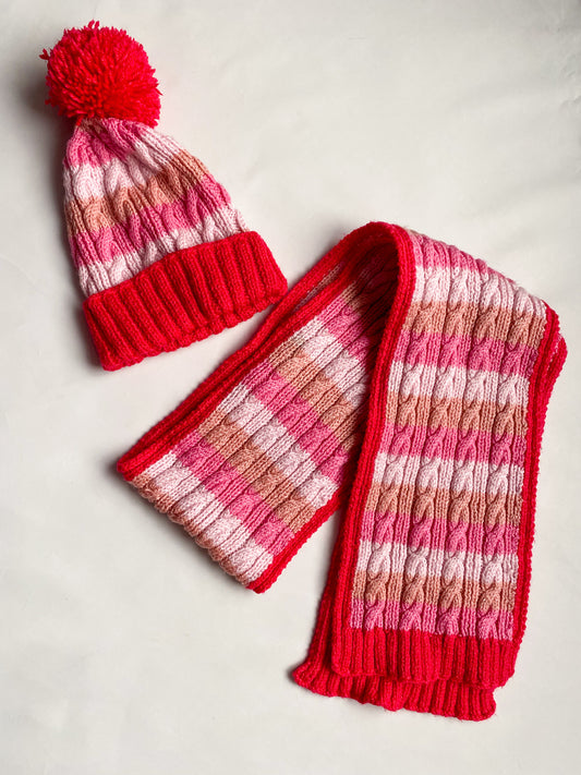 Pink and red stripe bobble Hat and scarf set (3-6 years)