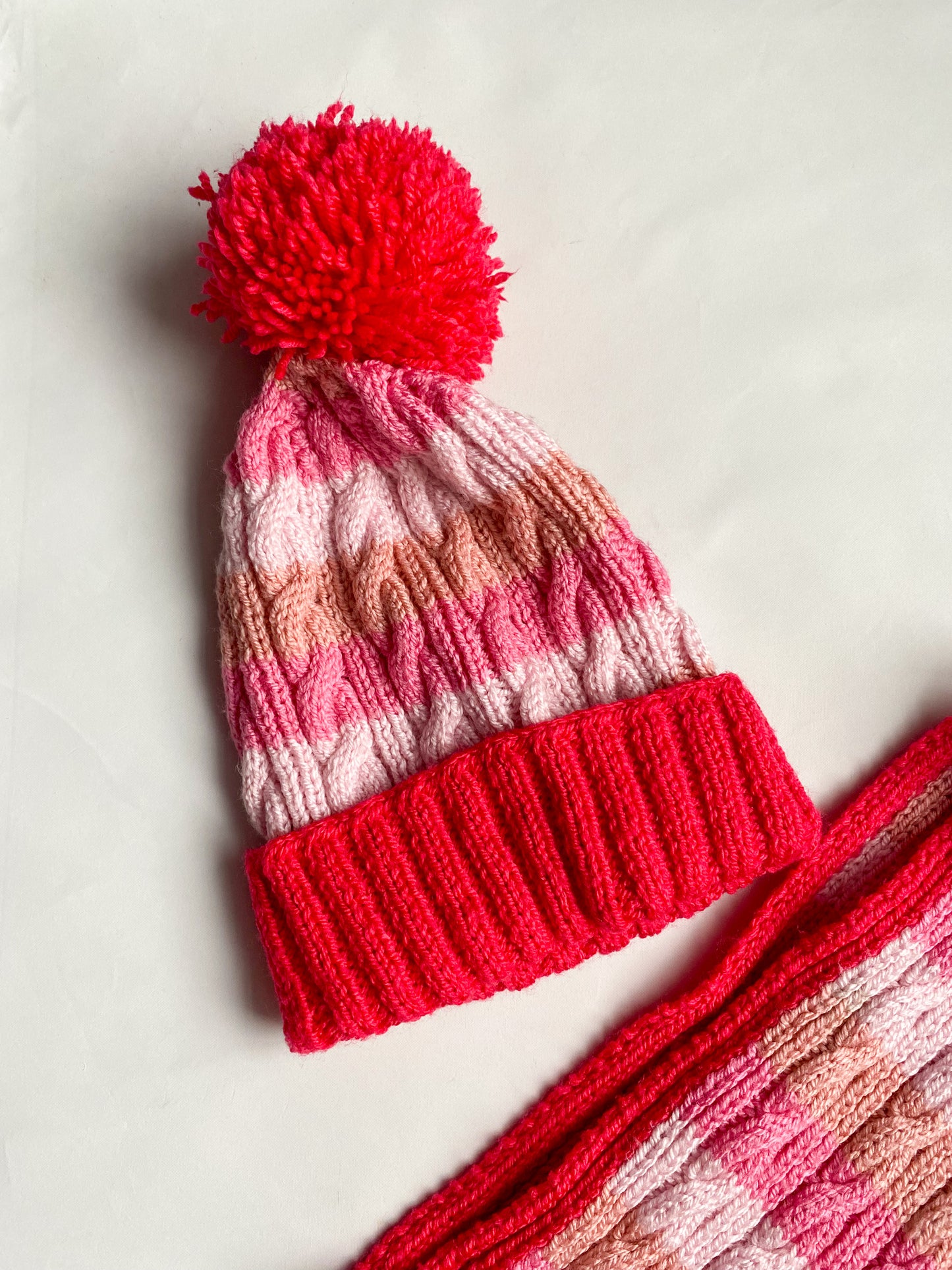 Pink and red stripe bobble Hat and scarf set (3-6 years)