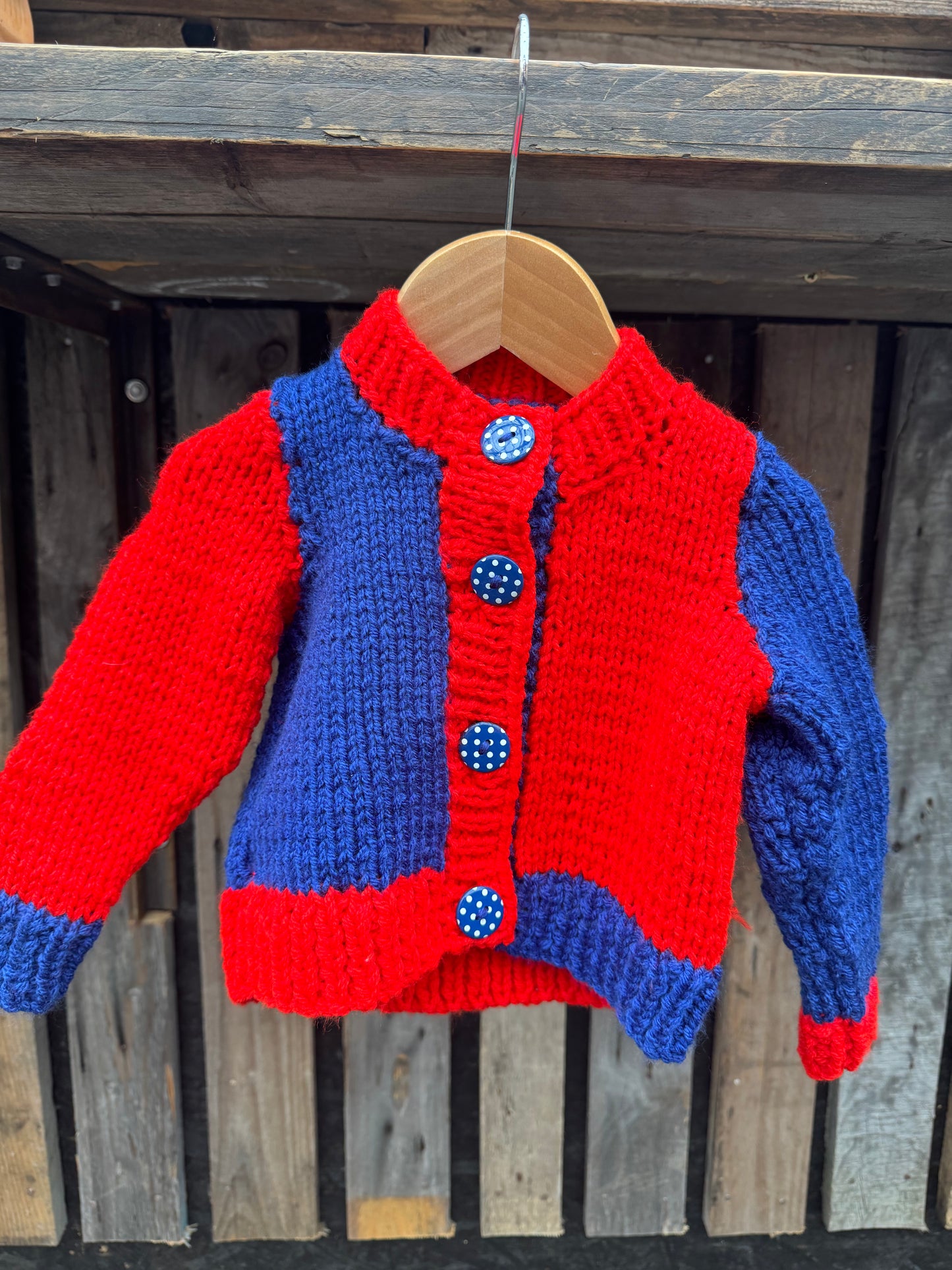 Red and Blue colour-block chunky knit cardigan (6-12 months)