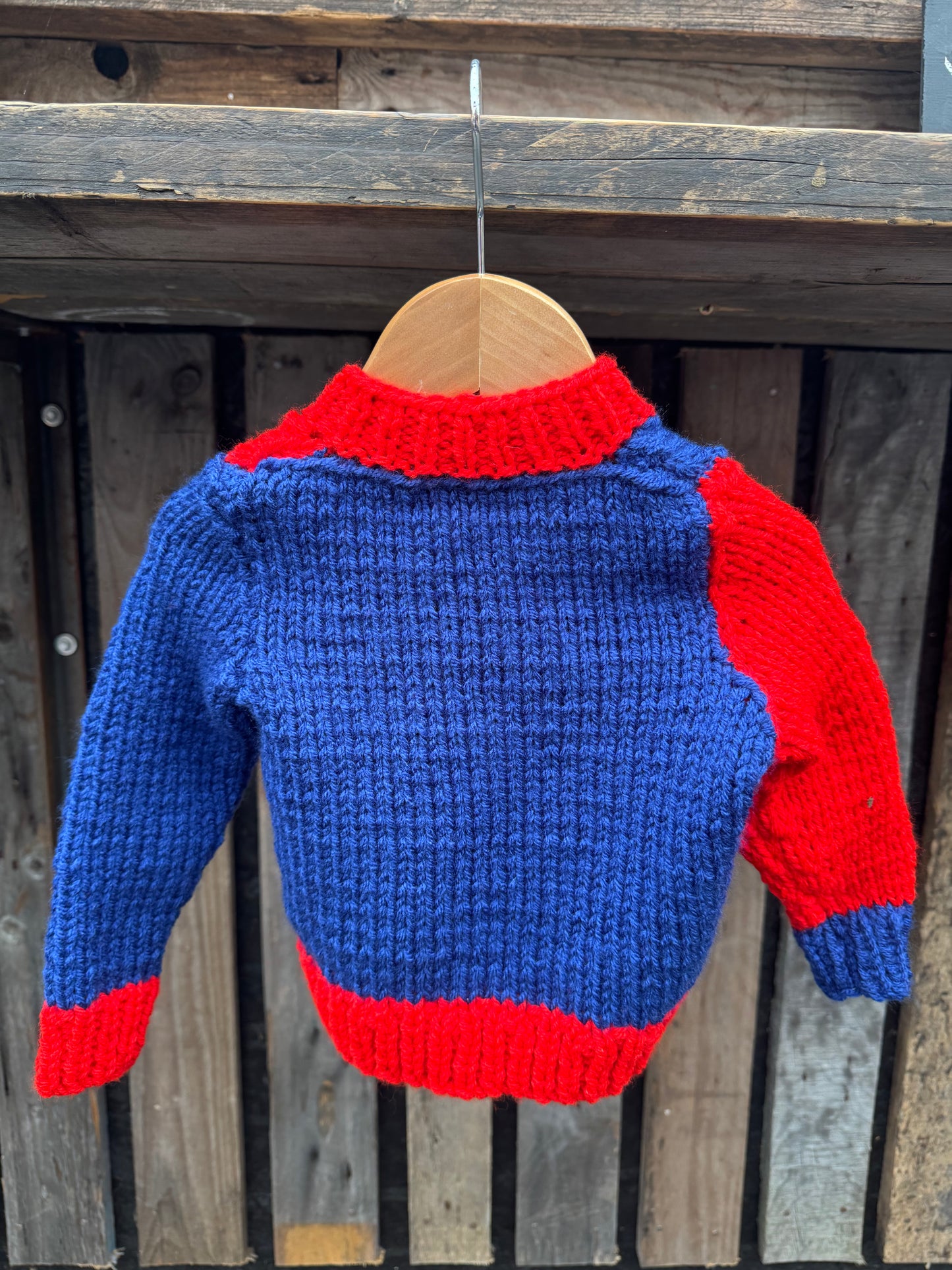 Red and Blue colour-block chunky knit cardigan (6-12 months)
