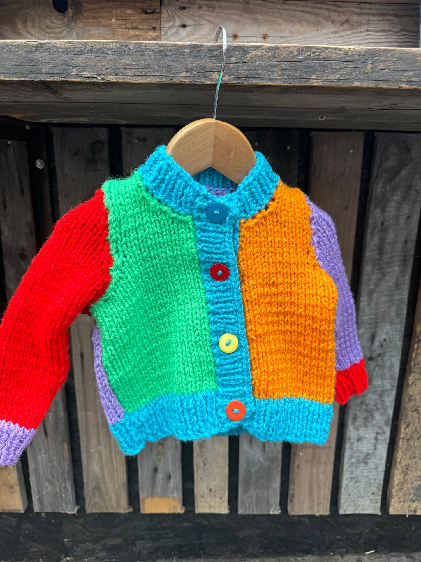 Red/Green/Purple/Blue colour-block chunky knit cardigan (6-12 months)