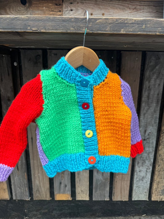 Red/Green/Purple/Blue colour-block chunky knit cardigan (6-12 months)
