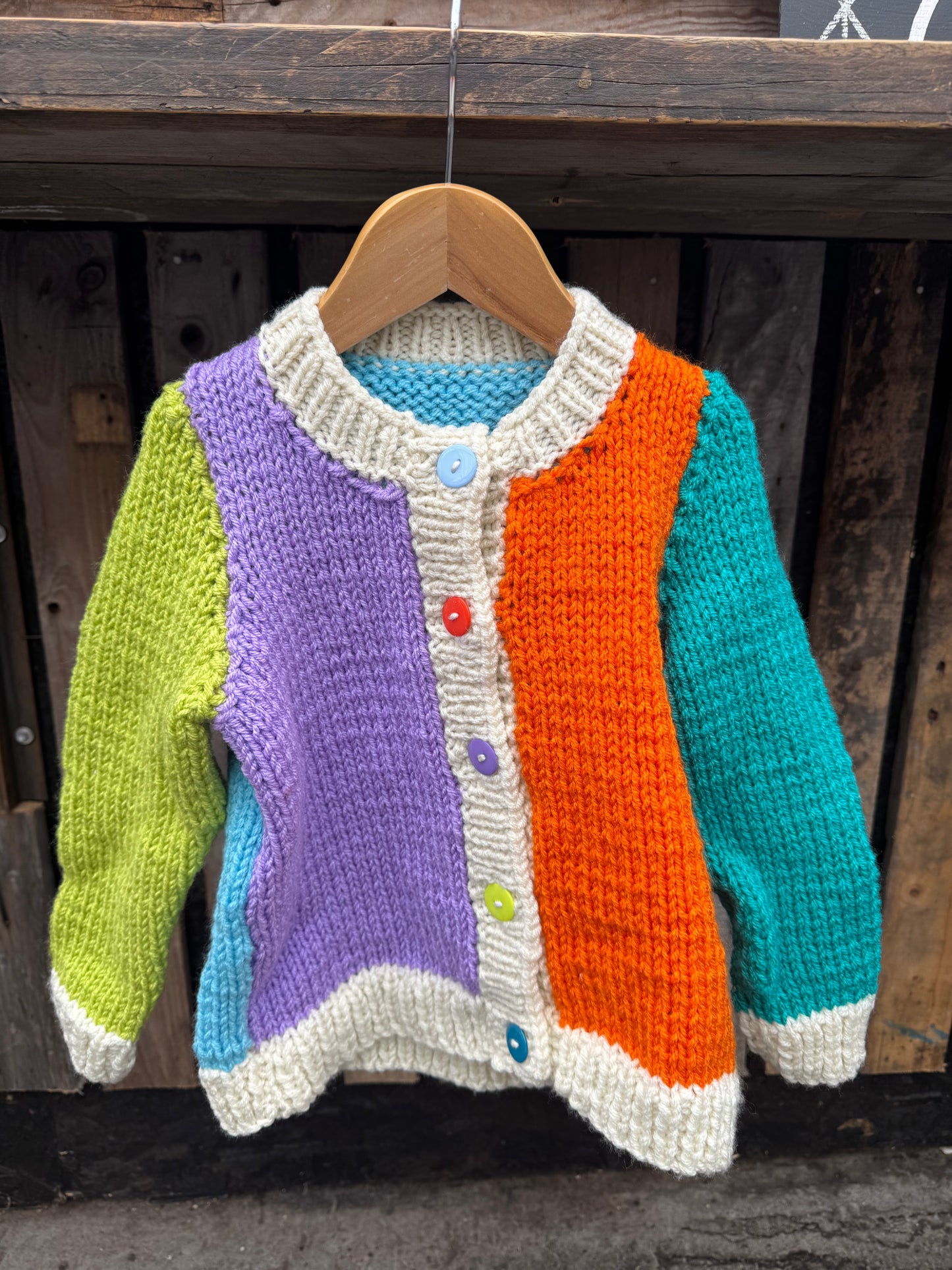 Lime/Lilac/Teal colour-block chunky knit cardigan (4-5 years)