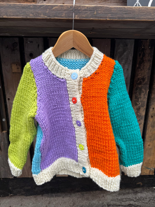 Lime/Lilac/Teal colour-block chunky knit cardigan (4-5 years)