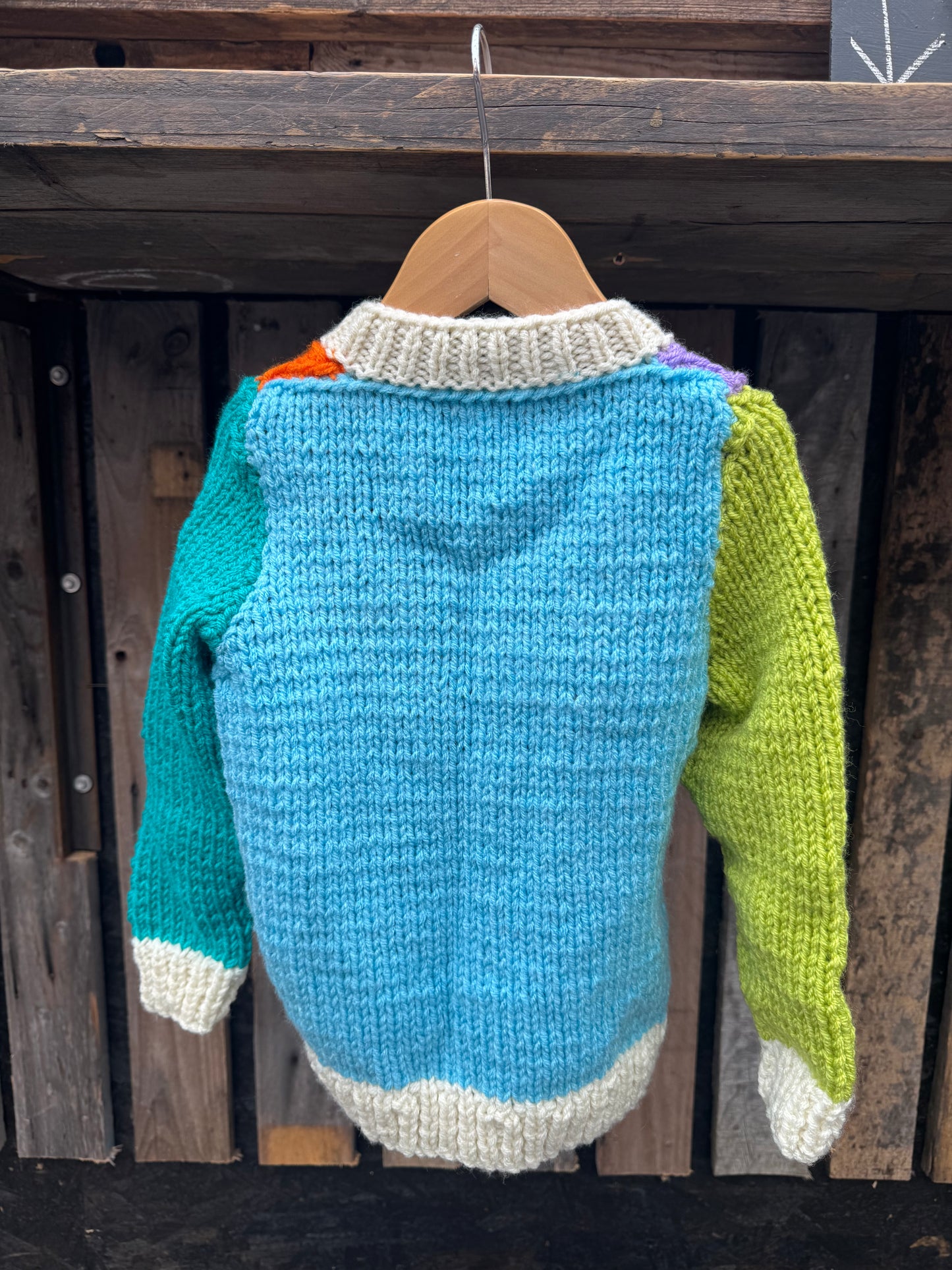 Lime/Lilac/Teal colour-block chunky knit cardigan (4-5 years)