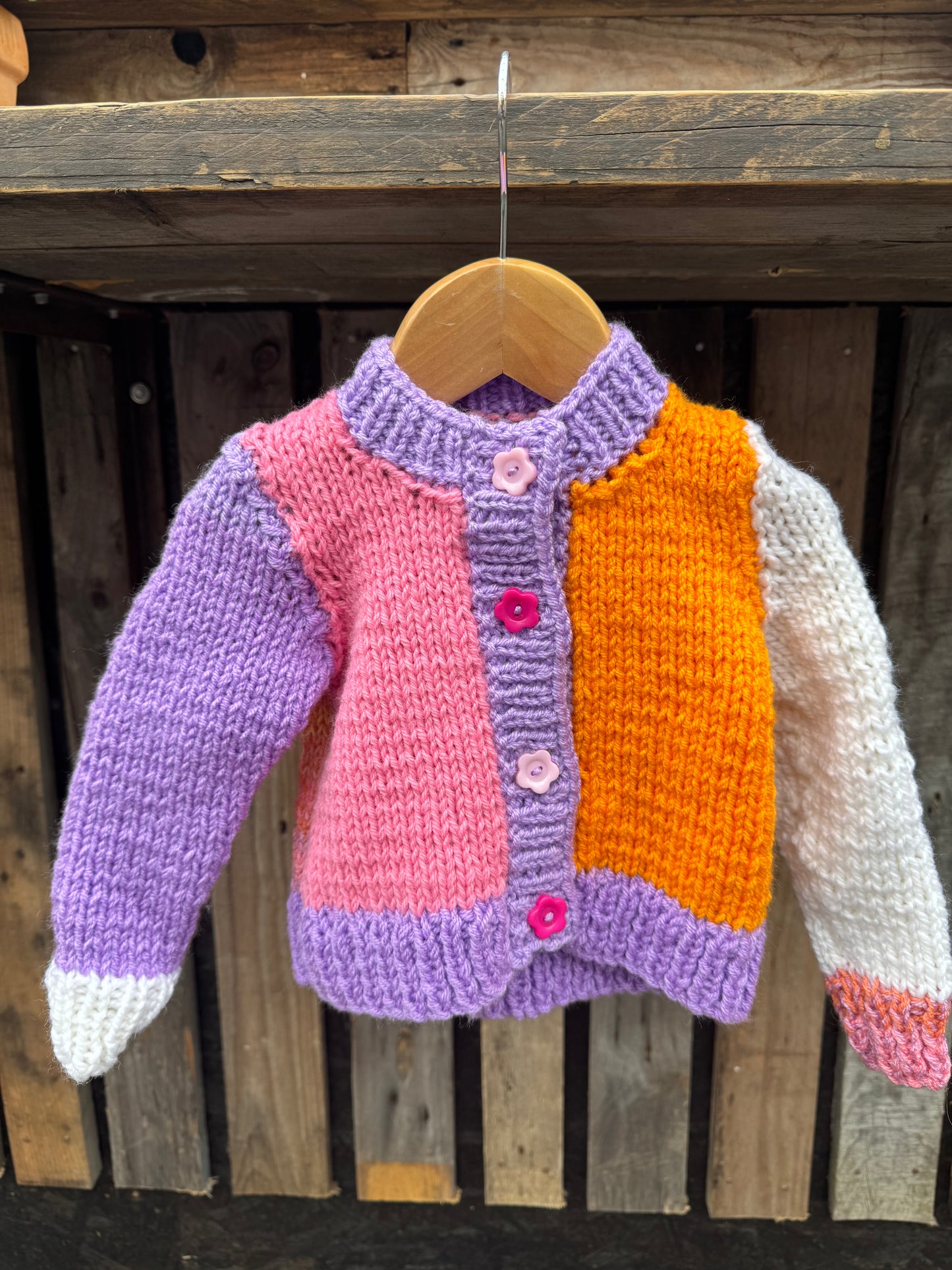 Lilac/Pink/Orange colour-block chunky knit cardigan (6-12 months)