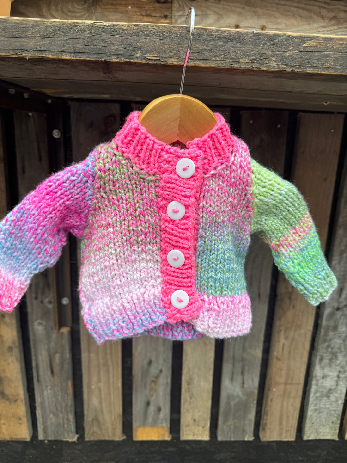 Pink and Green twisted yarn chunky knit cardigan (0-6 months)