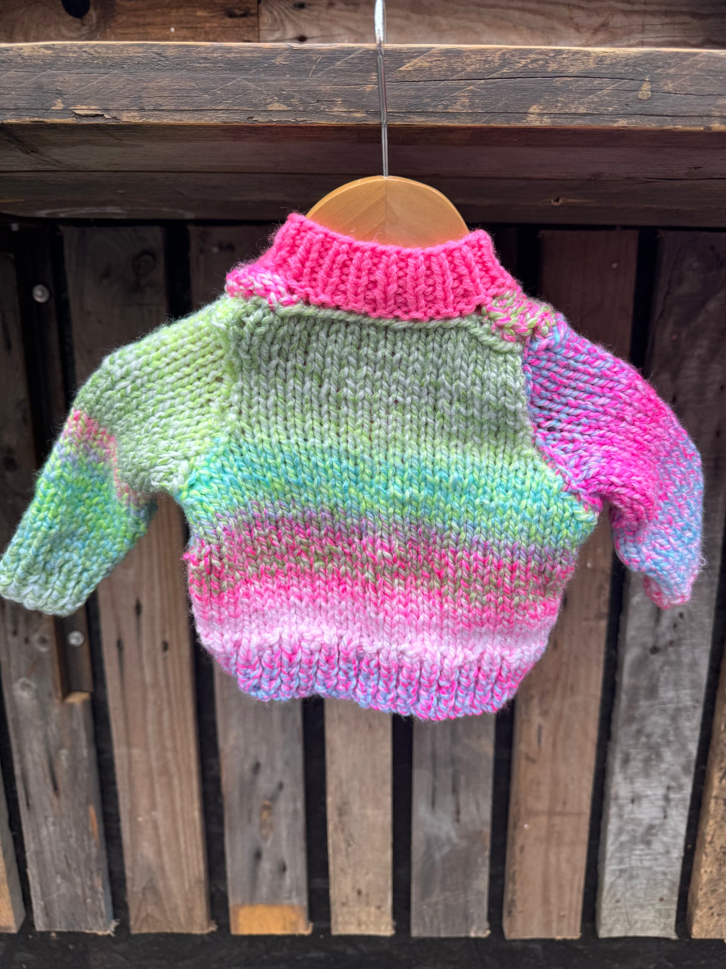 Pink and Green twisted yarn chunky knit cardigan (0-6 months)