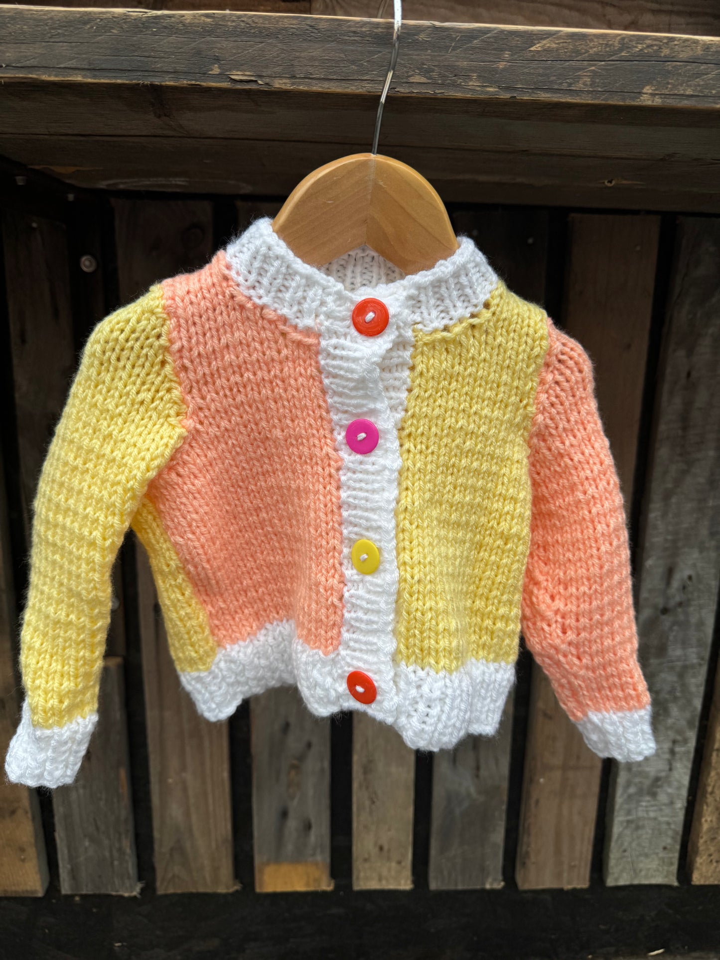 Lemon/Peach/Cream colour-block chunky knit cardigan (6-12 months)