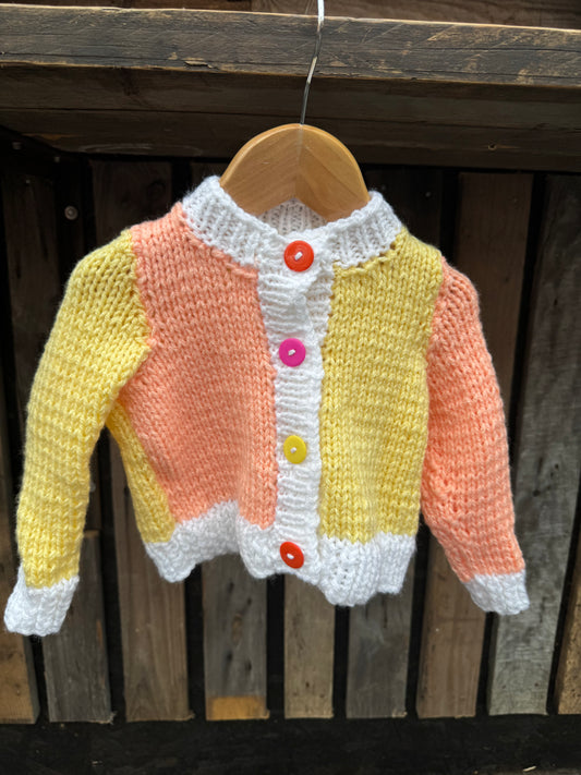 Lemon/Peach/Cream colour-block chunky knit cardigan (6-12 months)