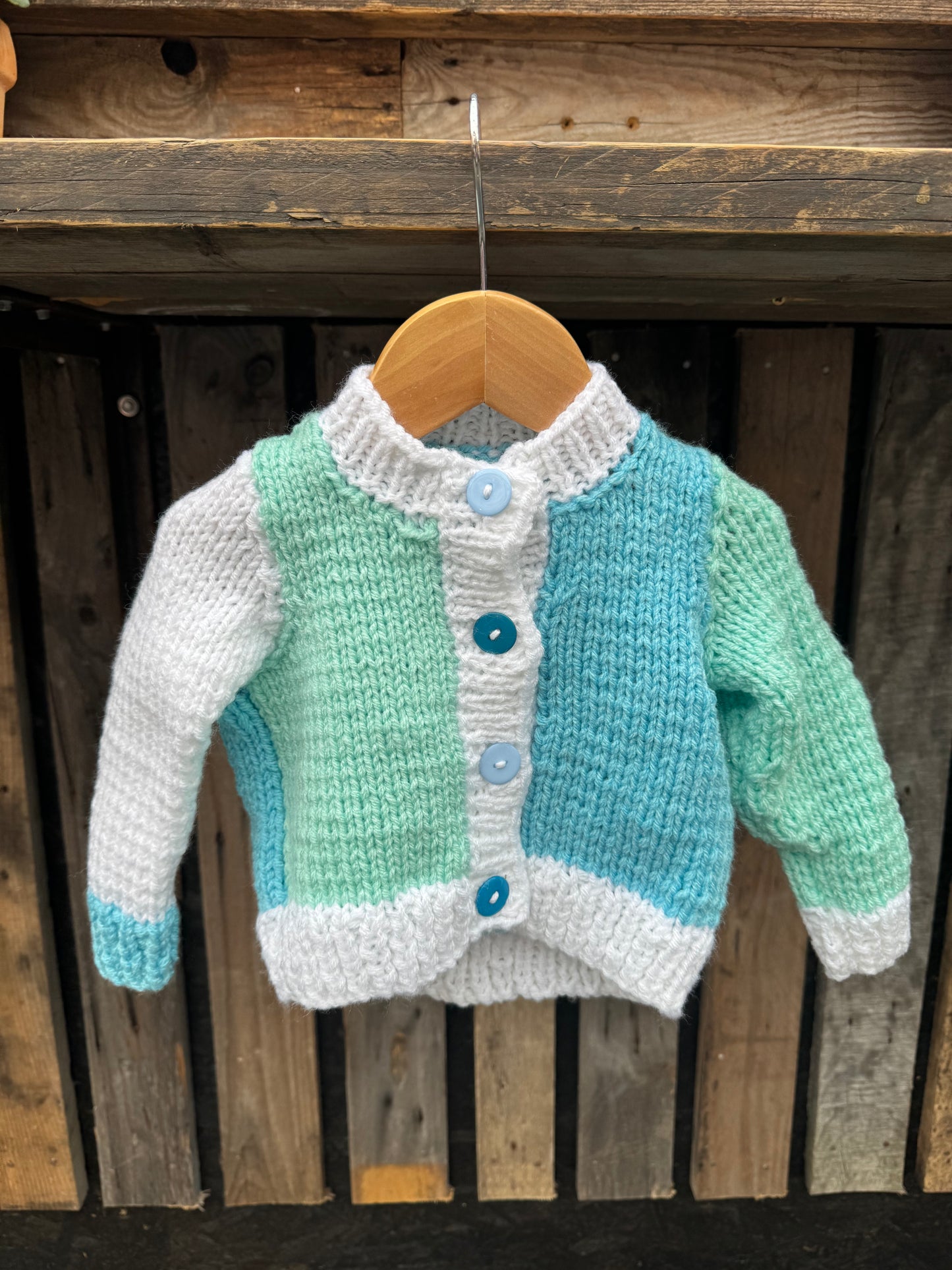 Blue/Mint Green/Cream colour-block chunky knit cardigan (6-12 months)