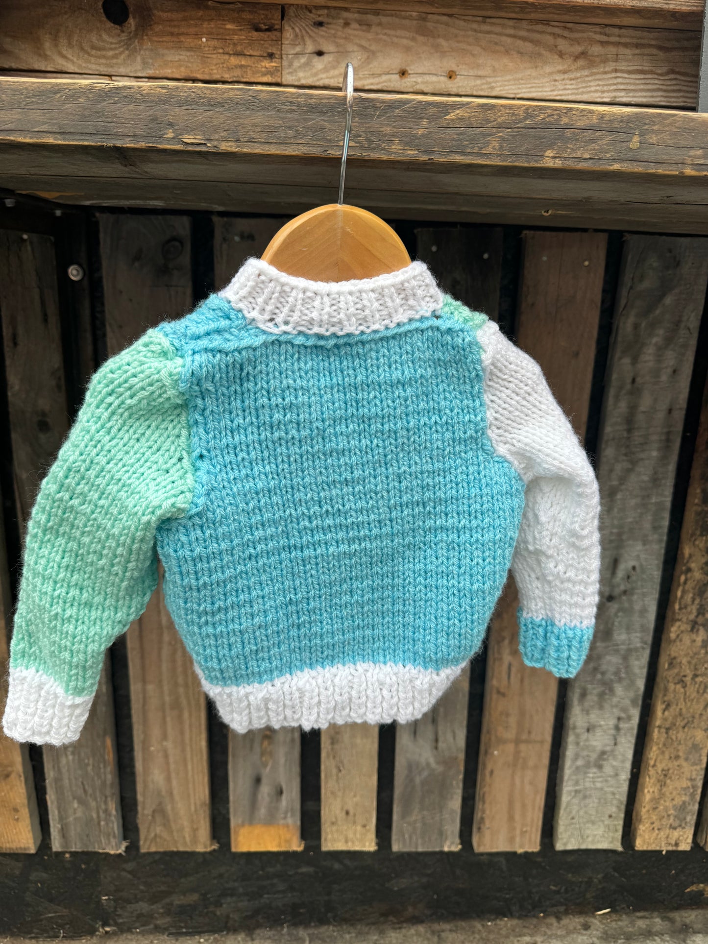 Blue/Mint Green/Cream colour-block chunky knit cardigan (6-12 months)