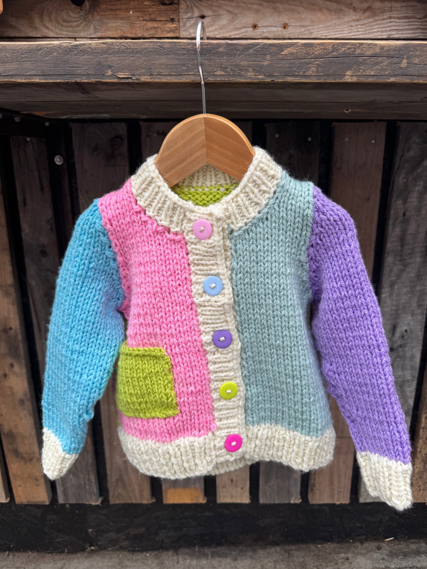 Blue/Lilac/Pink/Lime/Cream colour-block chunky knit cardigan with pocket (2-3 years)