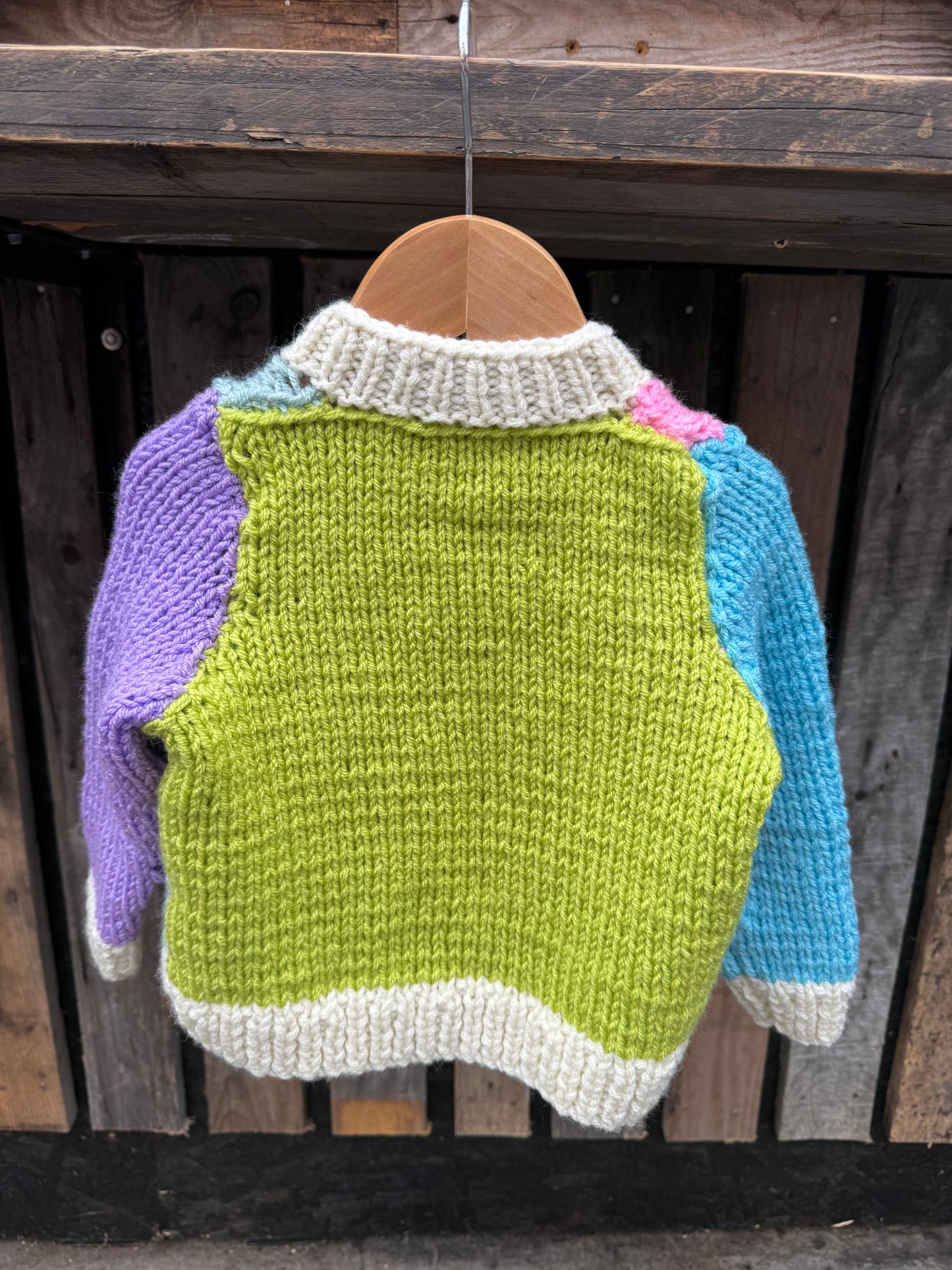 Blue/Lilac/Pink/Lime/Cream colour-block chunky knit cardigan with pocket (2-3 years)