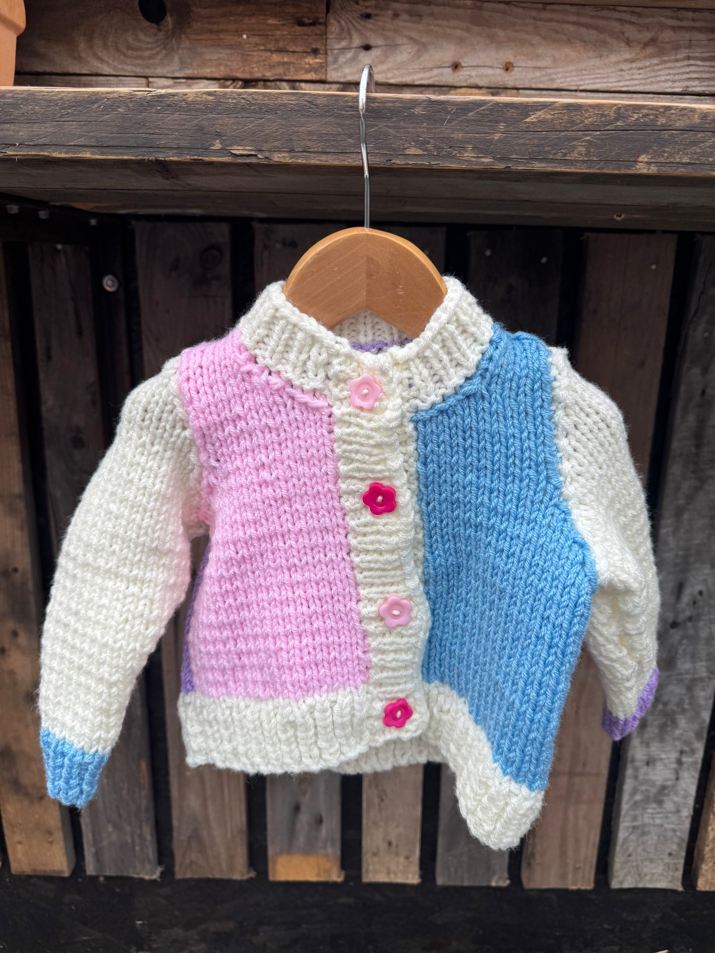 Pink/Blue/Lilac colour-block chunky knit cardigan (1-2 years)