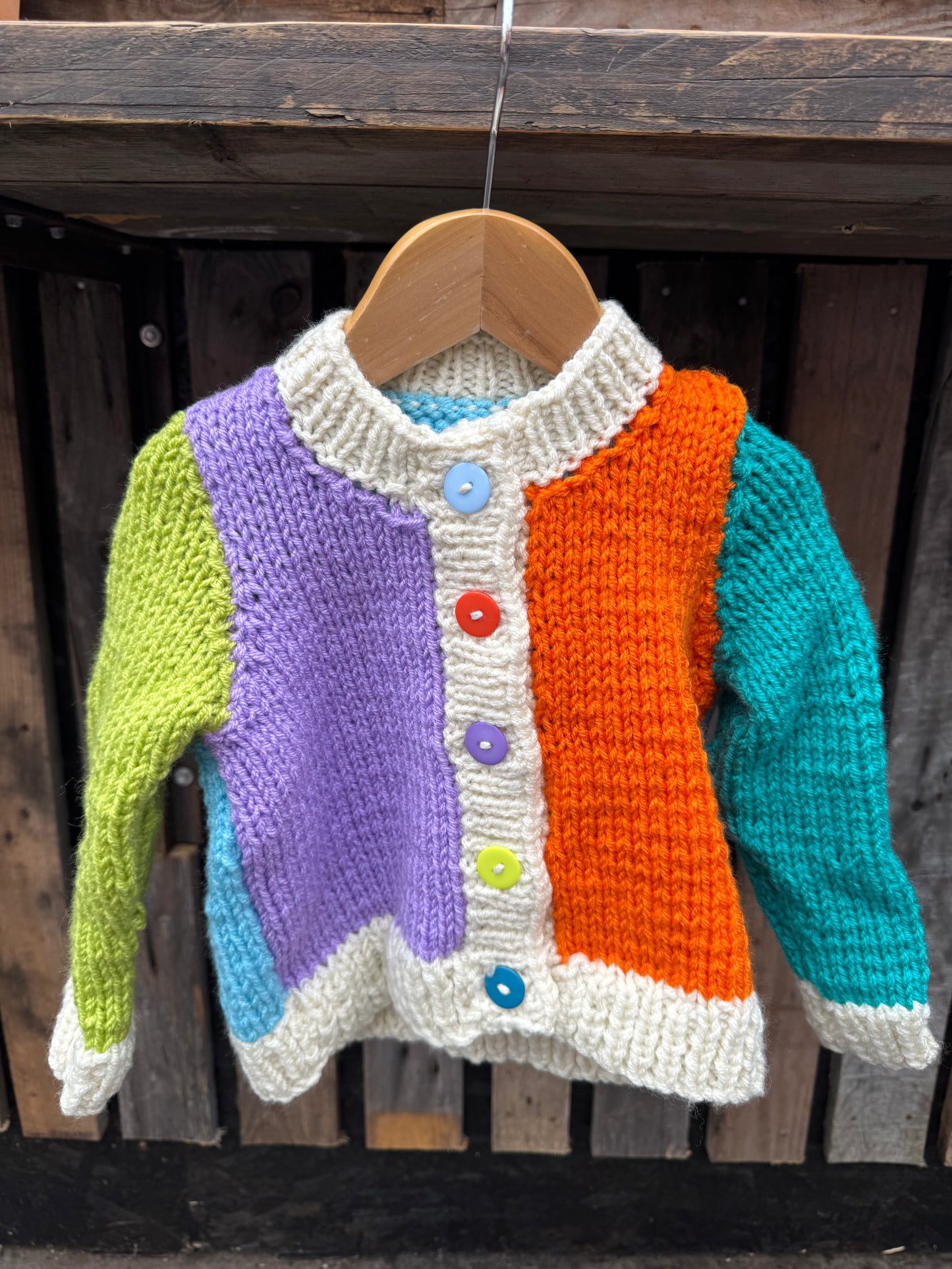 Lime/Lilac/Teal colour-block chunky knit cardigan (2-3 years)