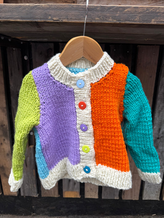 Lime/Lilac/Teal colour-block chunky knit cardigan (2-3 years)