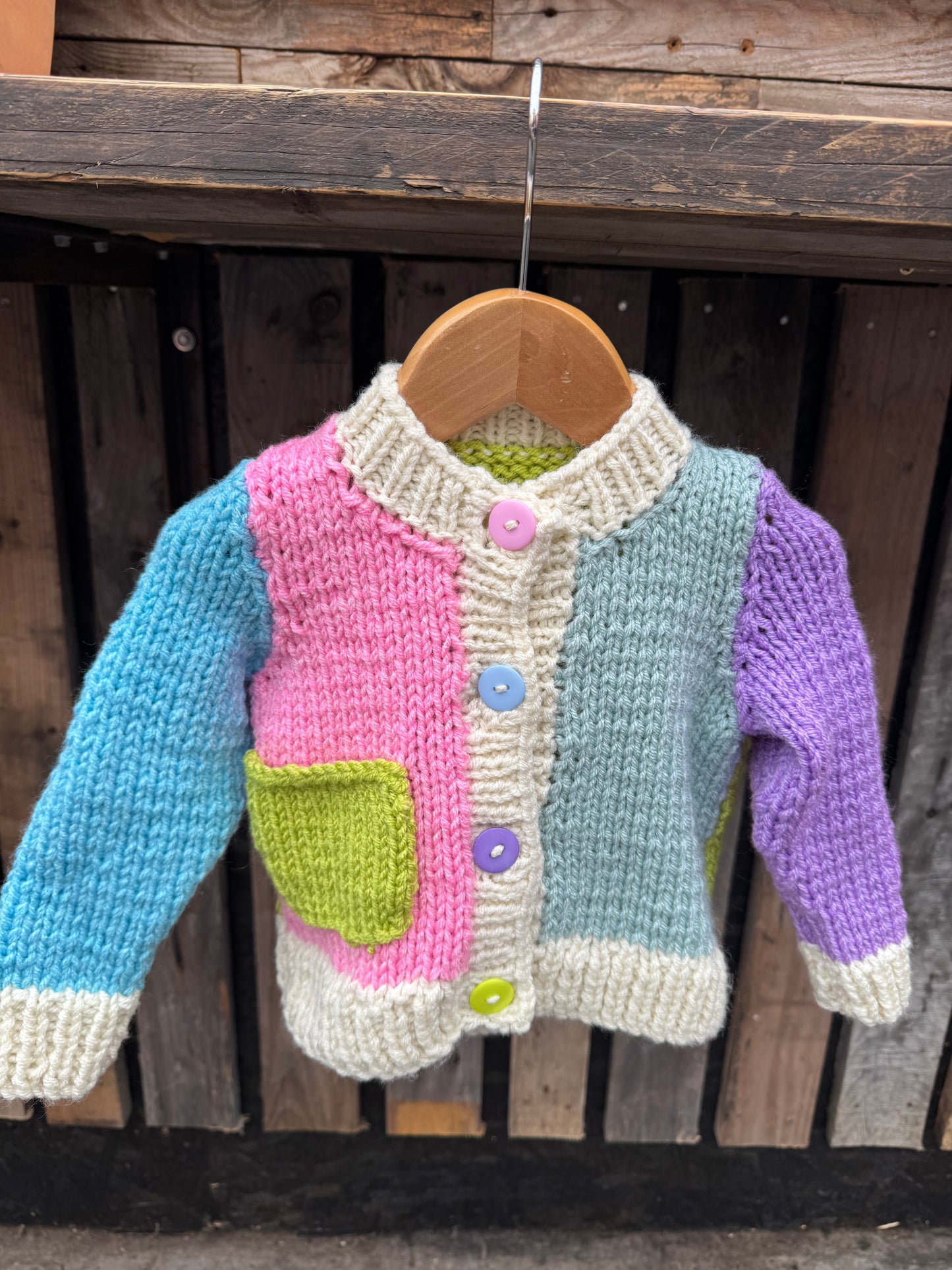 Blue/Lilac/Pink/Lime/Cream colour-block chunky knit cardigan with pocket (1-2 years)