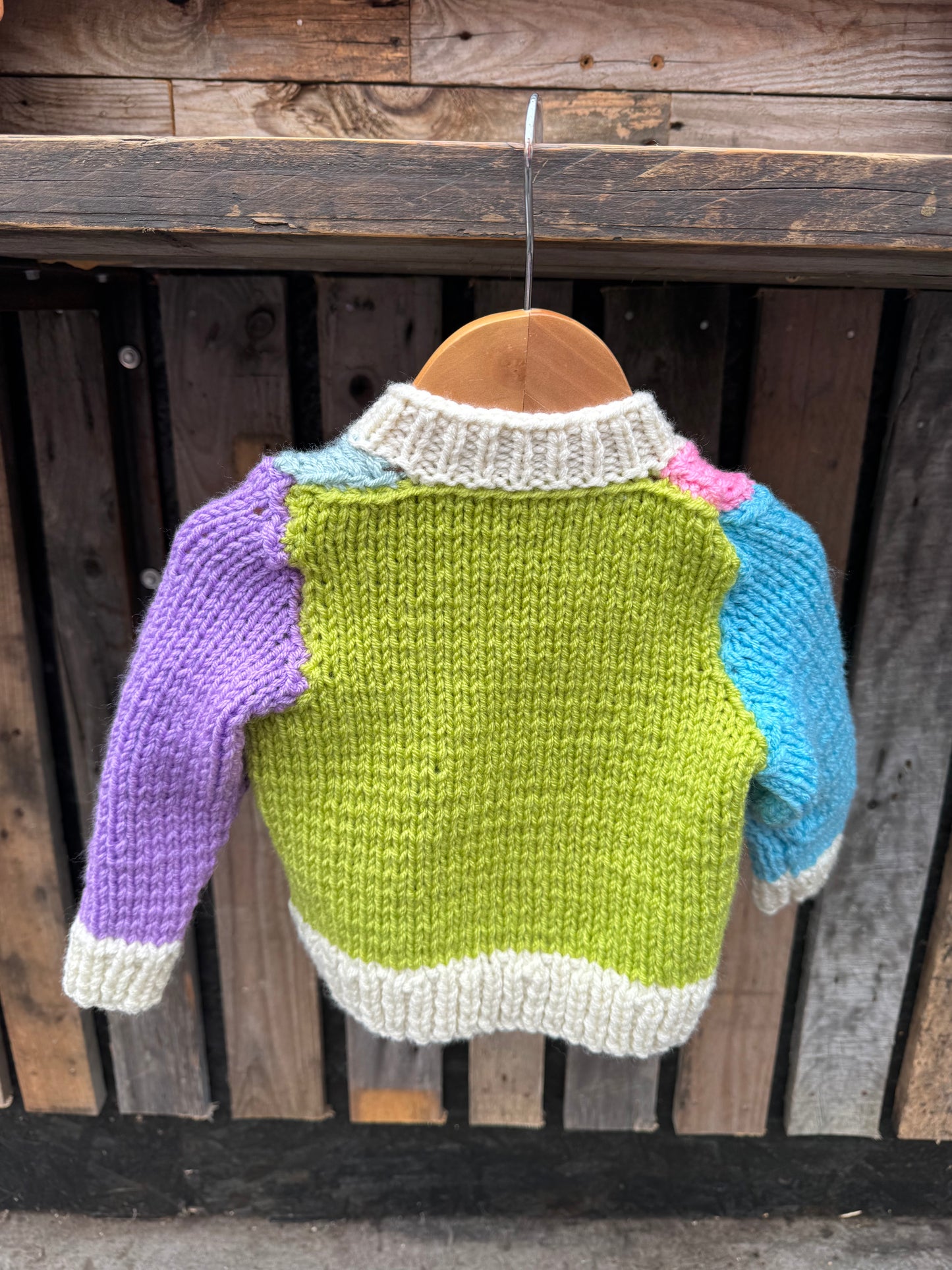 Blue/Lilac/Pink/Lime/Cream colour-block chunky knit cardigan with pocket (1-2 years)