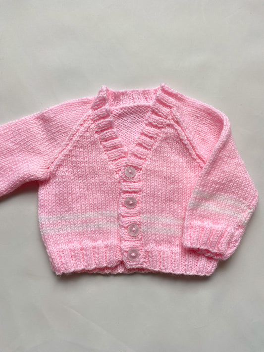 Soft pink V-neck Cardigan with ivory hem stripe (0-3 months)